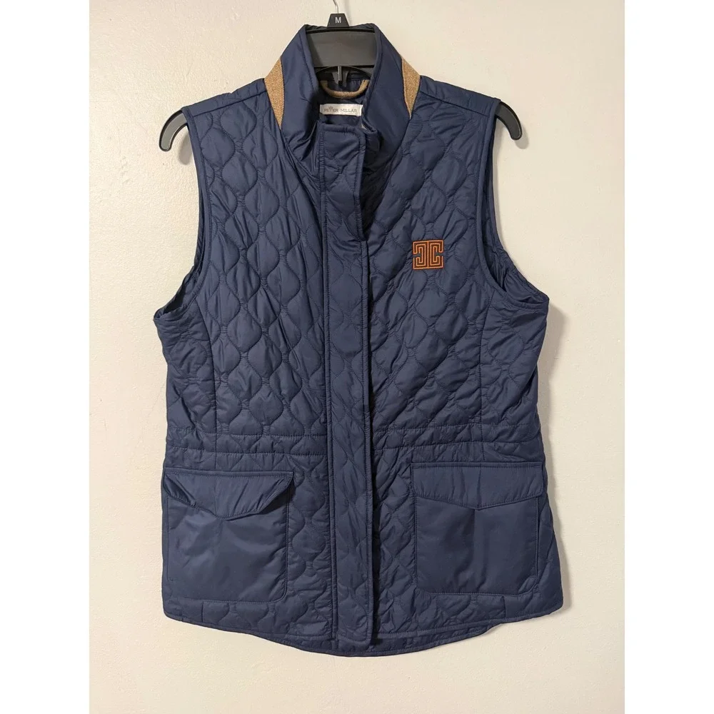Peter Millar Addison Quilted Vest Navy Blue Brown Lambswool Trim Women Size L